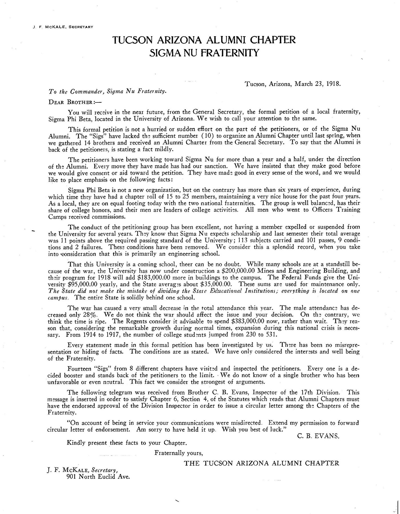 The March 23, 1918 letter from the Tucson Arizona Alumni Chapter petitioning for Epsilon Alpha's charter